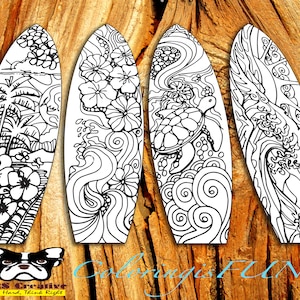 Unique Coloring Bookmarks High Quality and Printable Journaling Adventure theme 8 sets Surfboard