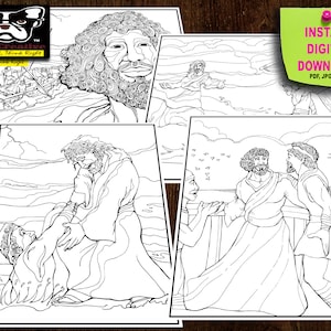 Bible Coloring Page, 5 Pages Printable Bible Art Jesus and Peter Walks on Water