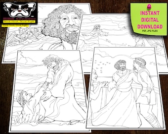 Bible Coloring Page, 5 Pages Printable Bible Art Jesus and Peter Walks on Water
