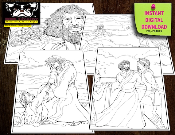 02 4 Set Bible Coloring Page With Doodles And Intricate Designs For Relaxation And Sunday School Jesus Let Peter Walk On Water
