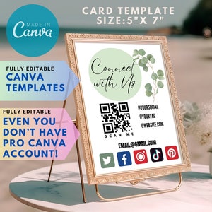 May include: A printable card template for connecting with customers. The card features a green circle with the text "Connect with Us" and a QR code. The card also includes social media icons for Twitter, Facebook, Instagram, TikTok, and Pinterest. The card is 12.7 cm by 17.8 cm.