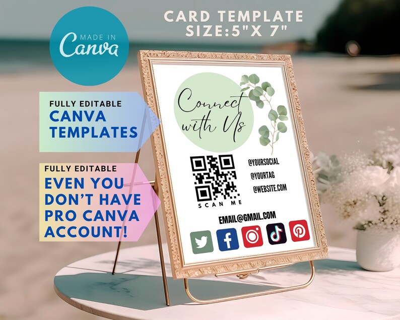May include: A printable card template for connecting with customers. The card features a green circle with the text "Connect with Us" and a QR code. The card also includes social media icons for Twitter, Facebook, Instagram, TikTok, and Pinterest. The card is 12.7 cm by 17.8 cm.