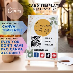May include: A printable 5" x 7" card template featuring a QR code, social media icons, and the text "Connect with Us". The template is fully editable in Canva, even without a Pro account.