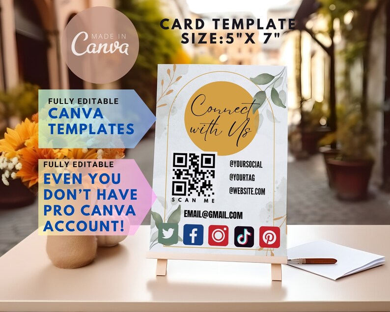 May include: A printable 5" x 7" card template featuring a QR code, social media icons, and the text "Connect with Us". The template is fully editable in Canva, even without a Pro account.