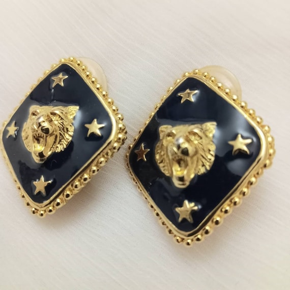 Vintage lions head face earrings. Brilliant pitch… - image 1