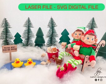 DIGITAL Elf Prop Bundle Kit Park Pond Bench Ducks Sign Christmas Santa Holiday SVG Laser Design DIY Glowforge Accessories Props Two Elves