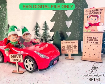 DIGITAL Elf Prop Kit Bundle Donut Dunkin Dashin Coffee Stand Drive Thru Christmas Xmas Holiday SVG Laser Glowforge Accessories Two Elves