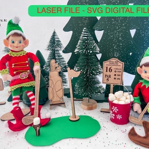 デジタルエルフ小道具キットバンドル ゴルフティースタンドイーゼル ゴルフカートサイン クリスマスサンタ SVG レーザー Glowforge アクセサリー 小道具 エルフ2体