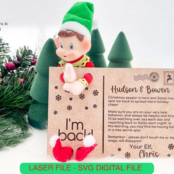 DIGITAL Hello Elf Shelf Prop Back Return Welcome Behavior Report Letter Postcard Christmas Holiday SVG Laser Accessories Glowforge Two Elves