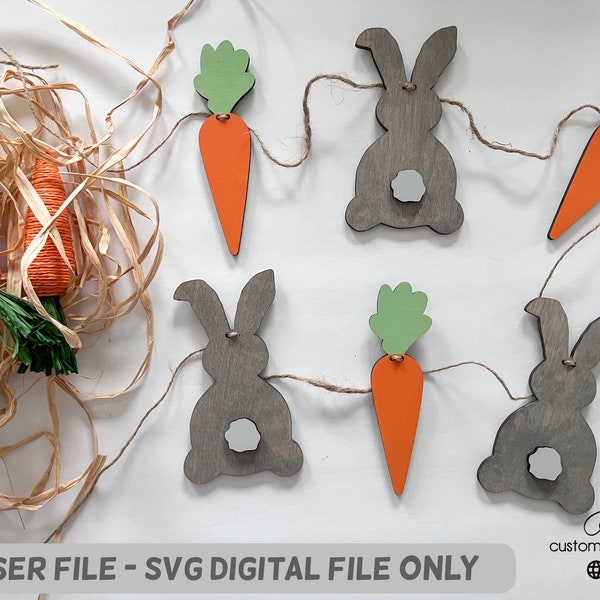 DIGITAL Easter Bunny Carrot Garland Banner Family Fireplace Mantle Shelf Wood Acrylic DIY Party Prop Holiday SVG Laser File Glowforge Aura