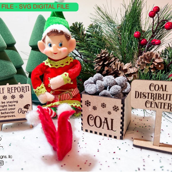 DIGITAL Elf Prop Bundle Kit Coal Distribution Box Bad Behavior Sign Easel Christmas Holiday Laser File Glowforge Wood Accessories Props