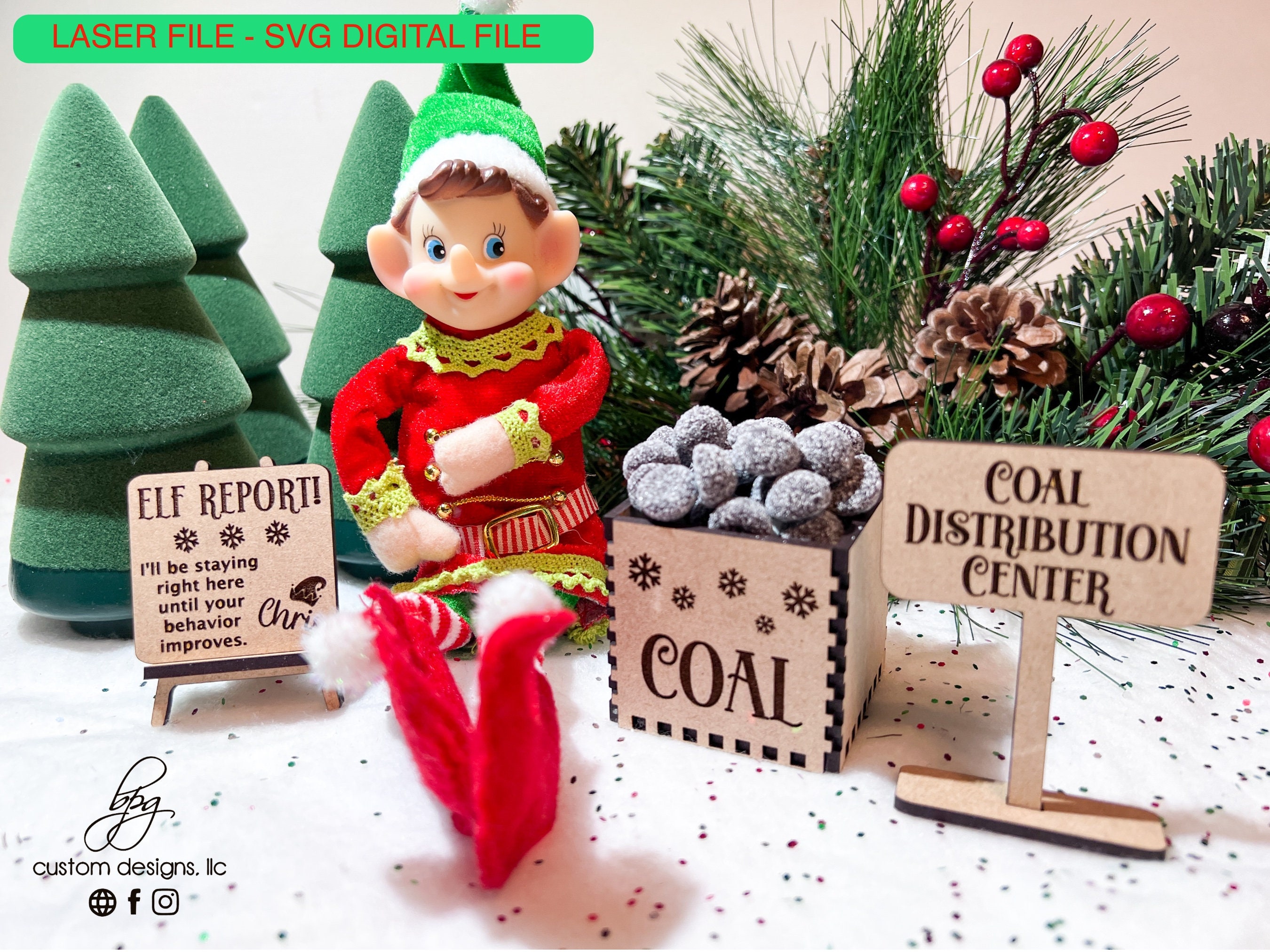 DIGITAL Elf Prop Bundle Kit Coal Distribution Box Bad Behavior Sign Easel Christmas Holiday Laser File Glowforge Wood Accessories Props