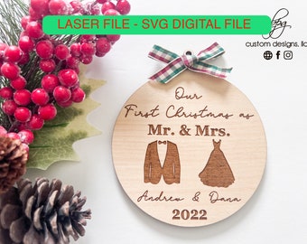 Digital Download Mr Mrs Wedding Dress Tux Gift First Christmas Ornament Keepsake SVG Laser File Design DIY Glowforge Wood Acrylic 3D