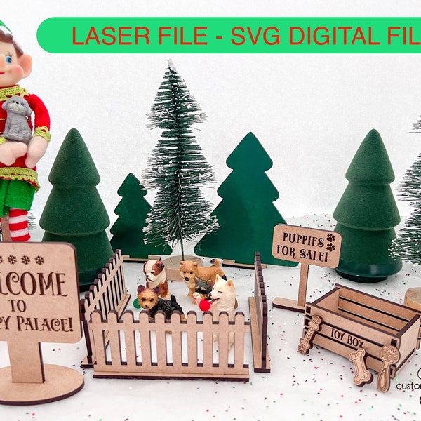 DIGITALE Elfen Prop Kit Bundle Puppy Palace Pen Cage Toy Box Zeichen Weihnachten Santa Urlaub SVG Laser Glowforge Zubehör Requisiten Zwei Elfen