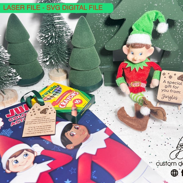 DIGITAL Elf Prop Color Book Crayons Gift Personalized Christmas Xmas Holiday SVG Laser File Glowforge Wood Accessories Kit Bundle Two Elves