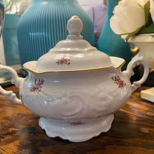 Beautiful and Elegant RoseBud by Walbrzych Poland Sugar Bowl-Pink Roses, Yellow Flowers Greyish-Green Leaves - Gold trim