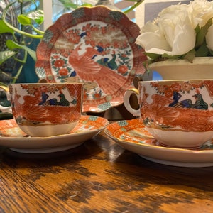 Beautiful Reproduction Arita Imari Red Peacock Teacup with Saucer