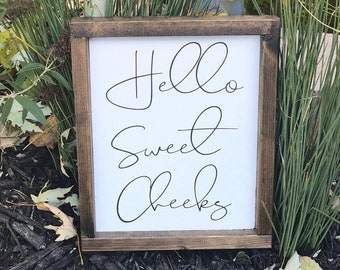 Funny Bathroom Signs, Funny Bathroom Wall Decor, Funny Bathroom, Funny Decor, Hello Sweet Cheeks Sign, Funny Bathroom Decor, Wood Sign, Sign