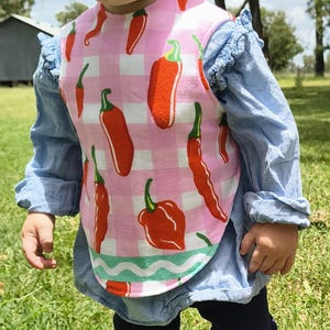 Puede incluir: Un babero a cuadros rosas y blancos con un estampado de chiles rojos. El babero tiene un borde ondulado verde y blanco y se usa sobre una camisa azul claro.
