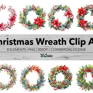 Watercolor Christmas Wreath Holiday Clip Art, Transparent Background Digital Download PNG Clipart Bundle, Commercial Use