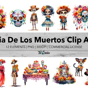 Aquarela Dia Los Muertos Clip Art, Dia dos Mortos Clipart, Fundo Transparente Download Digital Pacote de Clipart PNG, Uso Comercial