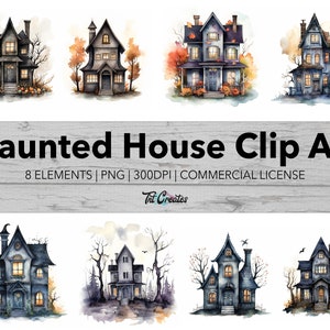 Watercolor Halloween Haunted House Clip Art, Transparent Background Digital Download PNG Clipart Bundle, Commercial Use