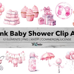 Pink Watercolor Baby Shower Clip Art Bundle -Girl Baby Clipart, Transparent Background Digital Download PNG Clipart Bundle, Commercial Use