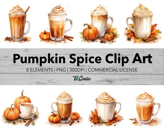 Watercolor Pumpkin Spice Fall Clip Art, Transparent Background Digital Download PNG Clipart Bundle, Commercial Use