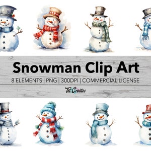 Watercolor Snowman Winter Holiday Clip Art, Transparent Background Digital Download PNG Clipart Bundle, Commercial Use
