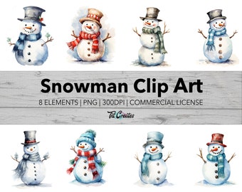 Watercolor Snowman Winter Holiday Clip Art, Transparent Background Digital Download PNG Clipart Bundle, Commercial Use