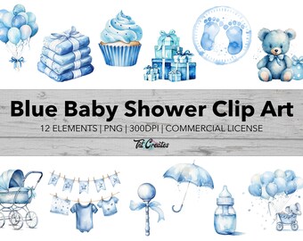 Blue Watercolor Baby Shower Clip Art Bundle - Boy Baby Clipart, Transparent Background Digital Download PNG Clipart Bundle, Commercial Use