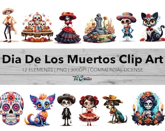 Cartoon Día de los Muertos Clip Art Bundle, Day of the Dead, Transparent Background Digital Download PNG Clipart Bundle, Commercial Use