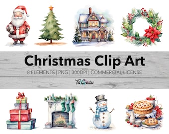 Watercolor Christmas Holiday Clip Art, Transparent Background Digital Download PNG Clipart Bundle, Commercial Use