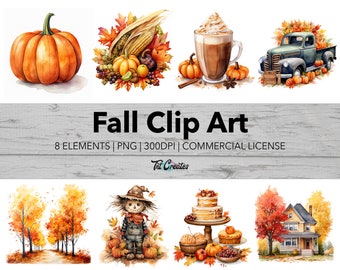 Watercolor Fall Clipart Bundle: Autumn PNG Graphics (Digital Download)
