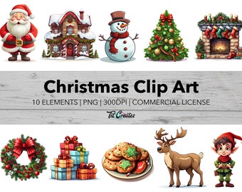 Cartoon Christmas Clip Art Bundle, Transparent Background Digital Download PNG Clipart Bundle, Commercial Use