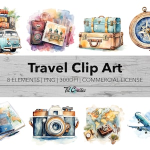 Watercolor Travel Clip Art Bundle -Vacation Crafts, Transparent Background Digital Download PNG Clipart Bundle, Commercial Use