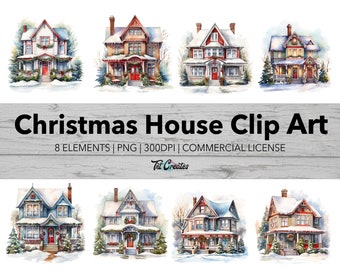 Watercolor Christmas House Holiday Clip Art, Transparent Background Digital Download PNG Clipart Bundle, Commercial Use