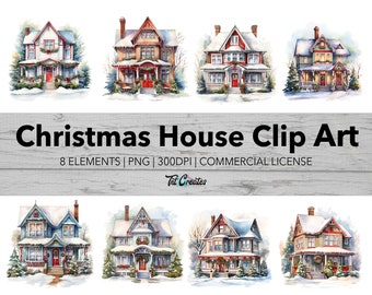 Watercolor Christmas House Clipart Bundle: Holiday PNG Images (Digital Download)