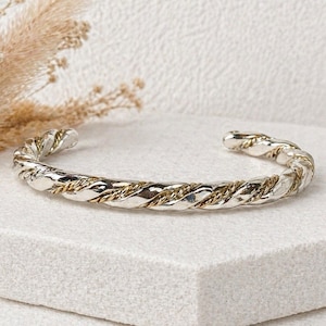 Vintage sterlingzilveren touwmanchetarmband tweekleurig gouden accent zuidwestelijke boho stapelarmband