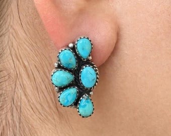Turquoise Cluster Earrings Sterling Silver Southwestern Studs Western Boho Native Style Statement Earrings