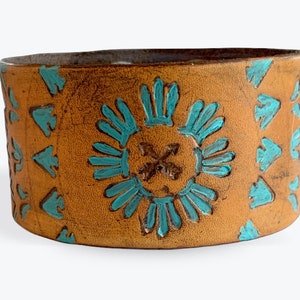 Hand tooled tan brown and turquoise leather cuff, native Navajo Indian style bracelet ,hand painted western jewelry
