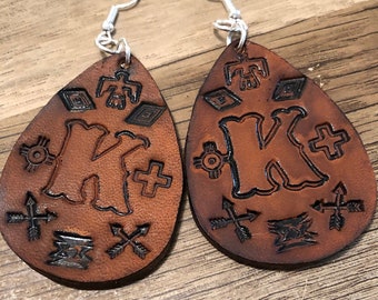 Tooled Leather initial Earrings-Aztec indian-personalized-initial-Native style -Western jewelry-Boholeathercraf