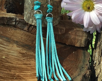 Extra long leather tassel earrings-turquoise fringe leather earrings with turquoise nuggets-gift for her