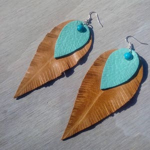 Tan & Turquoise Leather Feather Earrings,Large Bohemian Earrings,Gypsy Nature-boholeathercraft image 2
