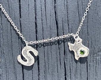 Texas initial Silver Necklace-state shape Pendant-western fashion-charm-Gift for animal Lover PMC Jewelry cz birth gemstone