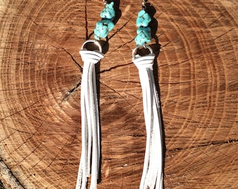 Extra long leather tassel earrings-white fringe leather earrings with turquoise nuggets-gift for her-women’s gift