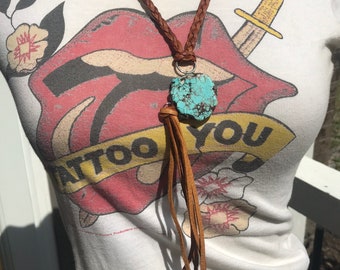 Leather and turquoise slab tassel necklace-braided-tan fringe leather necklace-gift for her-women’s gift