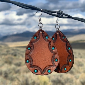 Tooled Leather Earrings-Turquoise blue-brown hand painted-Native style-Western jewelry