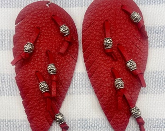 Red Leather beaded Feather Earrings,Large Bohemian Earrings,Gypsy,Valentine, boholeathercraft