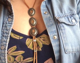 Leather and Concho necklace, Bolo necklace, Long Leather Concho necklace, triple concho necklace